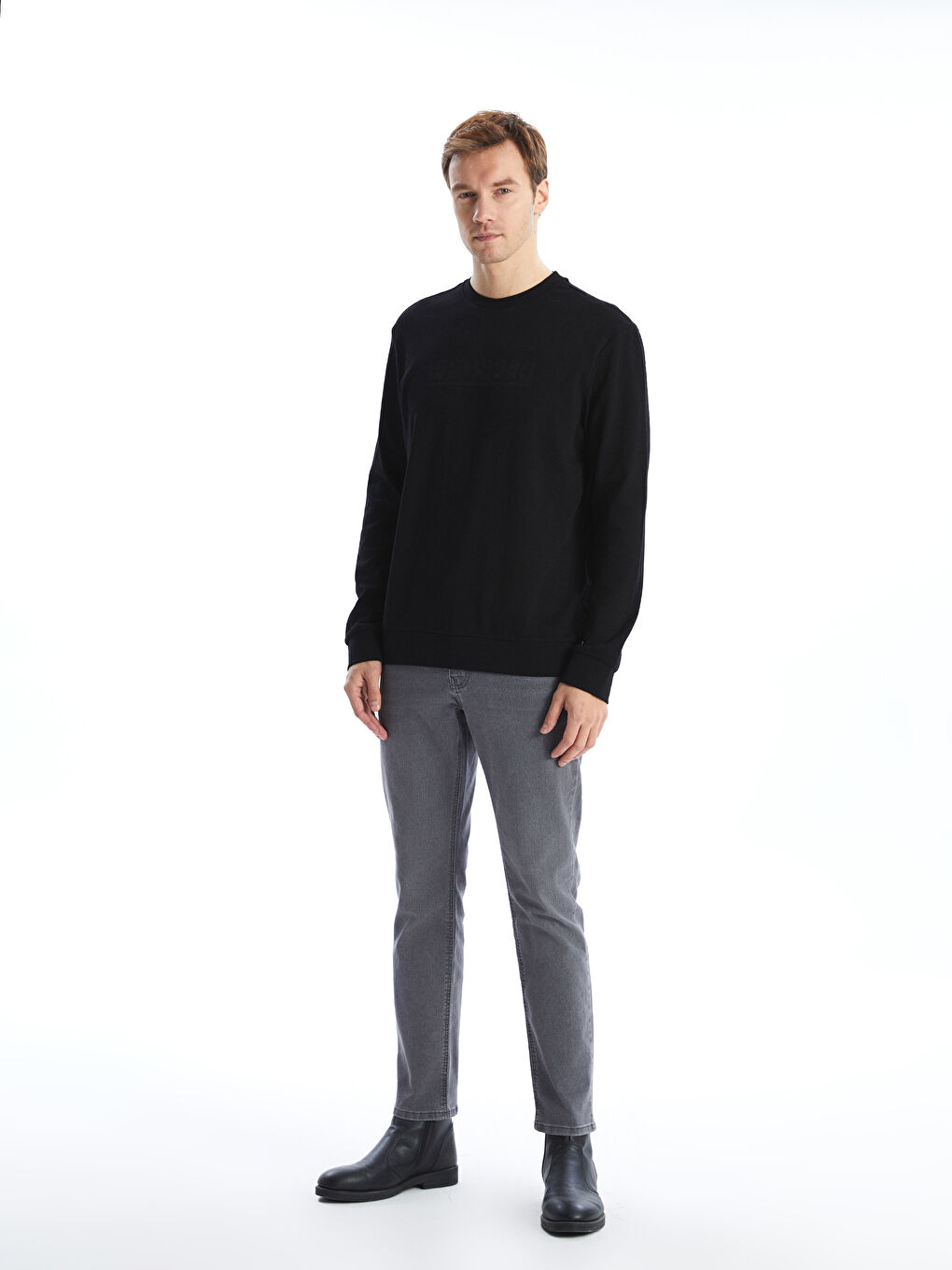 Siyah Bisiklet Yaka Uzun Kollu Baskılı Erkek Sweatshirt-1