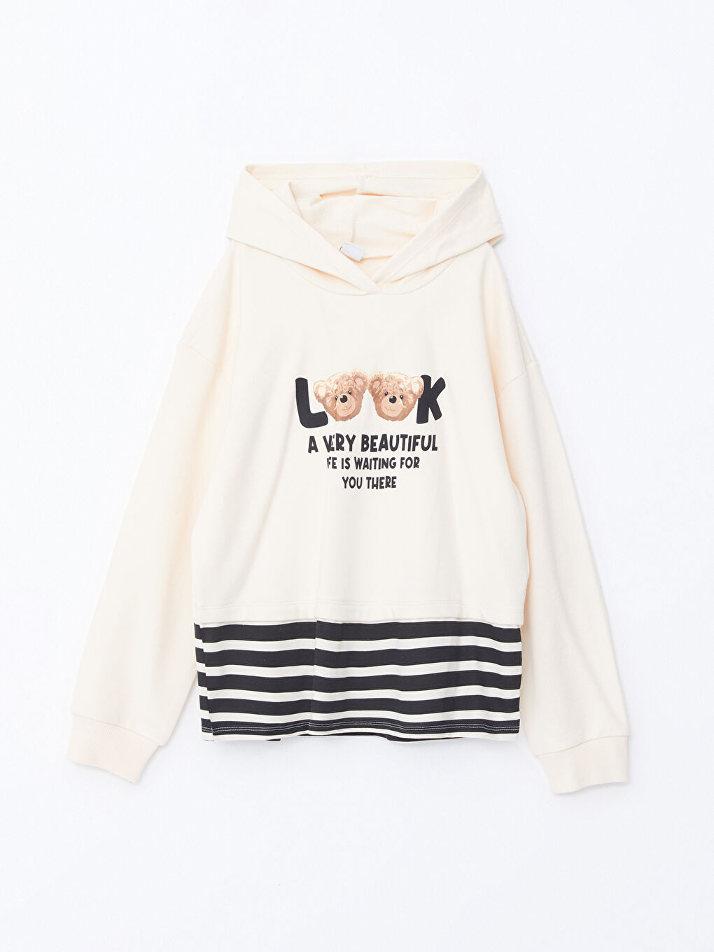 LCW Kids Uçuk Bej Kapüşonlu Baskılı Uzun Kollu Kız Çocuk Crop Sweatshirt