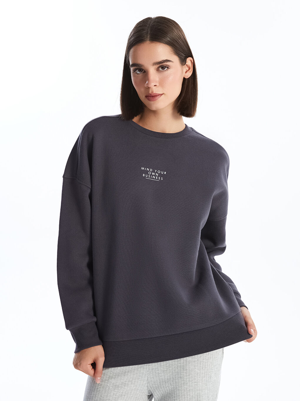 LCW Vision Antrasit Bisiklet Yaka Baskılı Oversize Kadın Sweatshirt