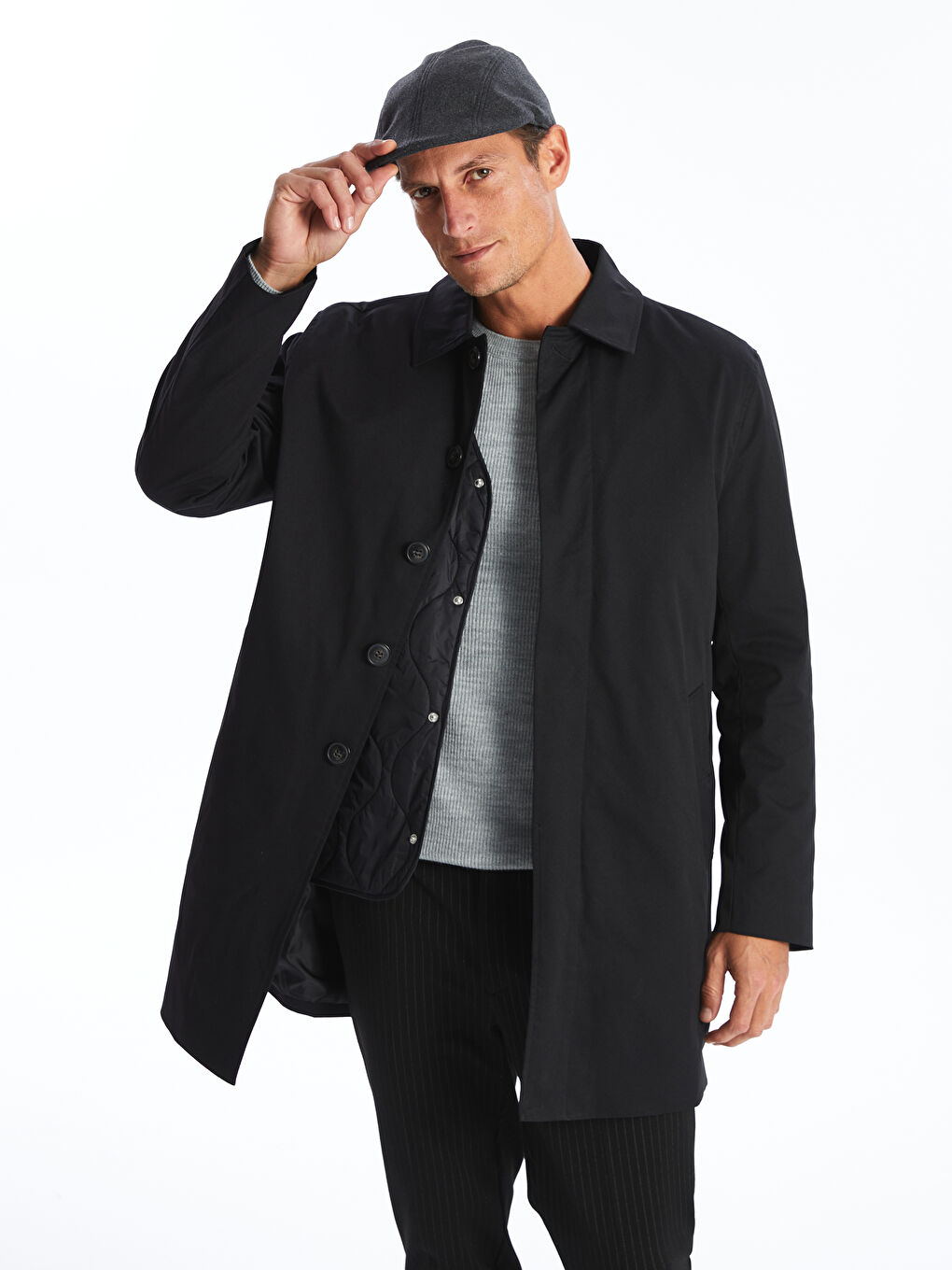 Regular Fit Shirt Collar Twill Men's Trench Coat and Vest