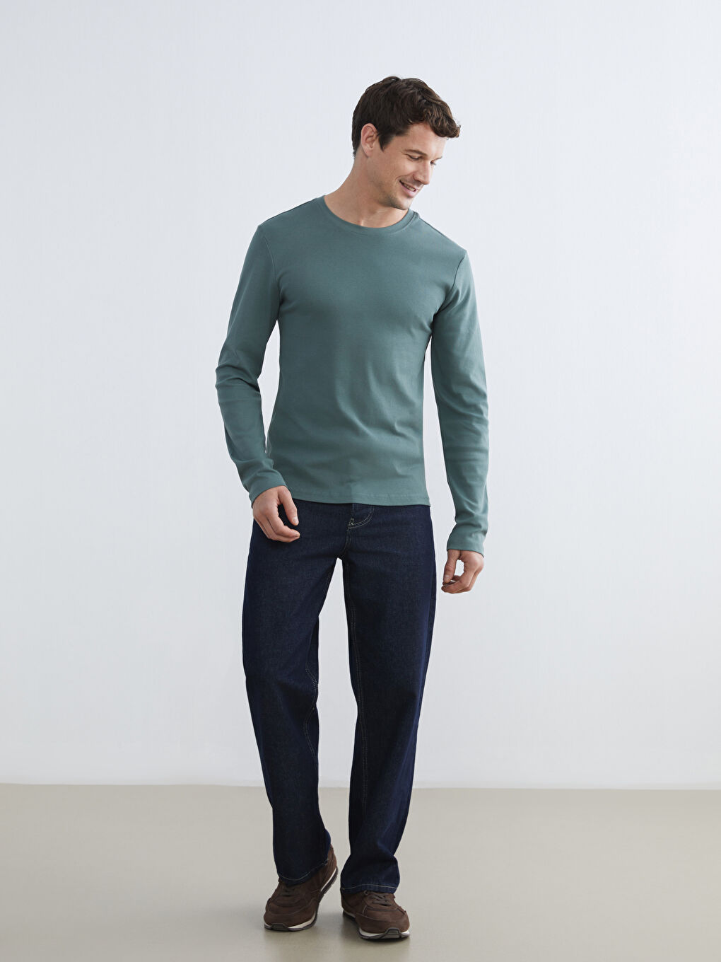 Yeşil Bisiklet Yaka Uzun Kollu Erkek Tişört-1