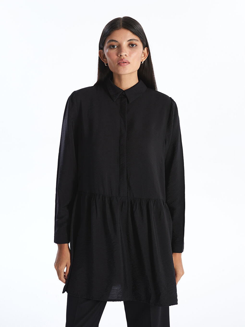 Siyah Kadın Gömlek Yaka Düz Tunik