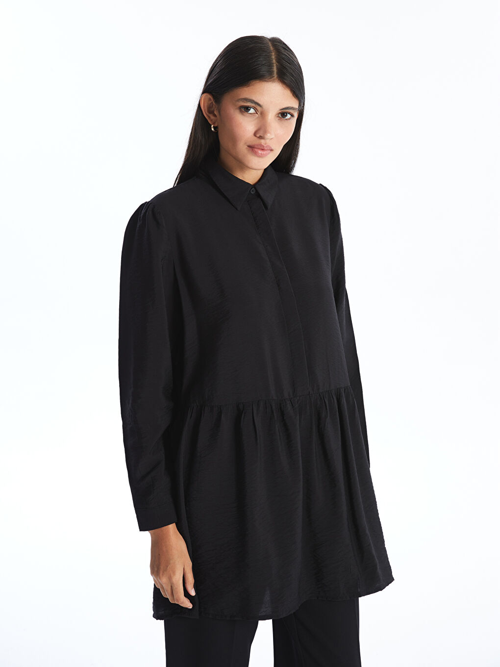 Siyah Kadın Gömlek Yaka Düz Tunik-1