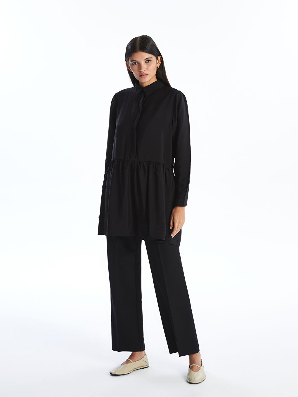 Siyah Kadın Gömlek Yaka Düz Tunik-2