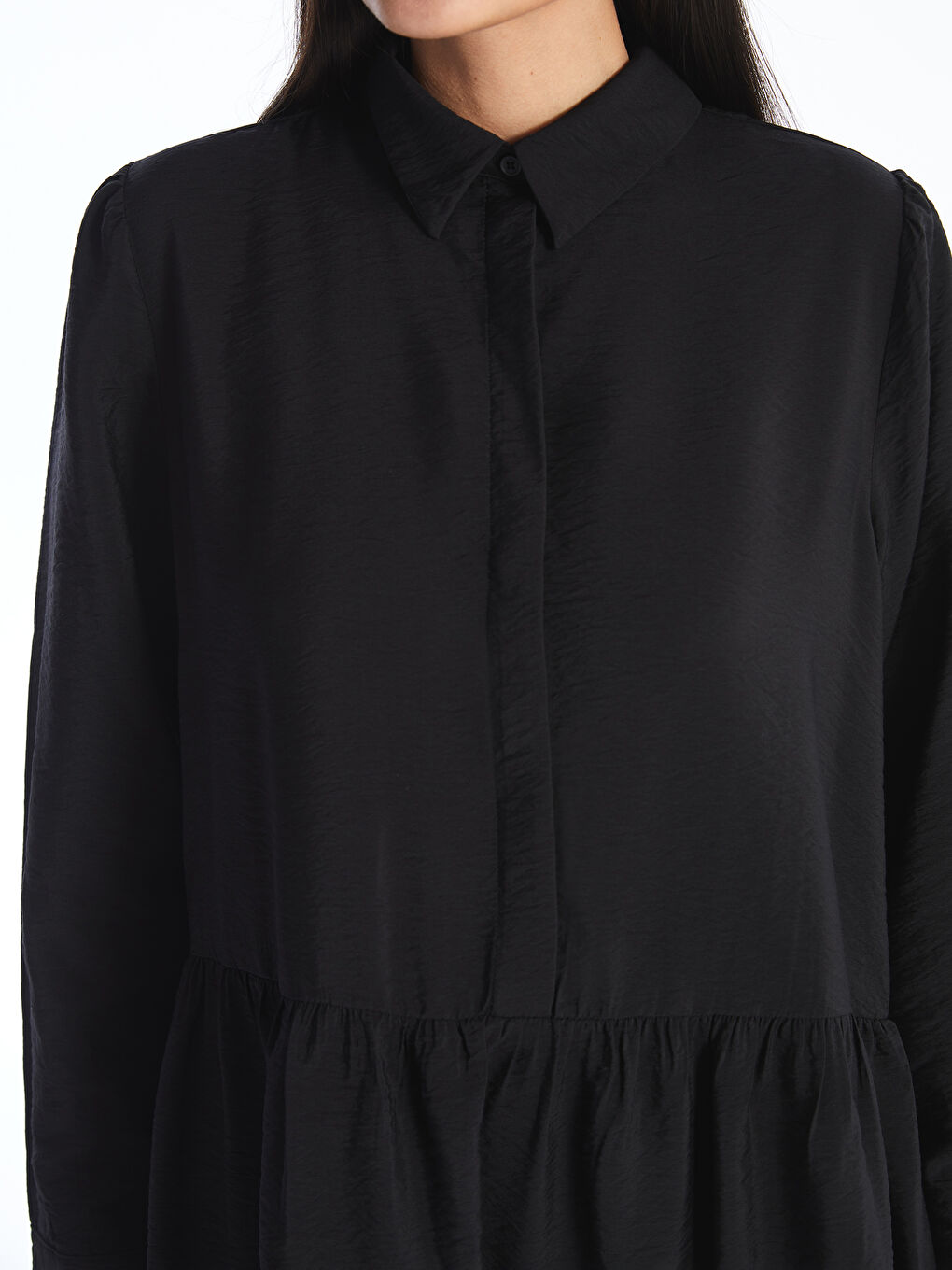 Siyah Kadın Gömlek Yaka Düz Tunik-3