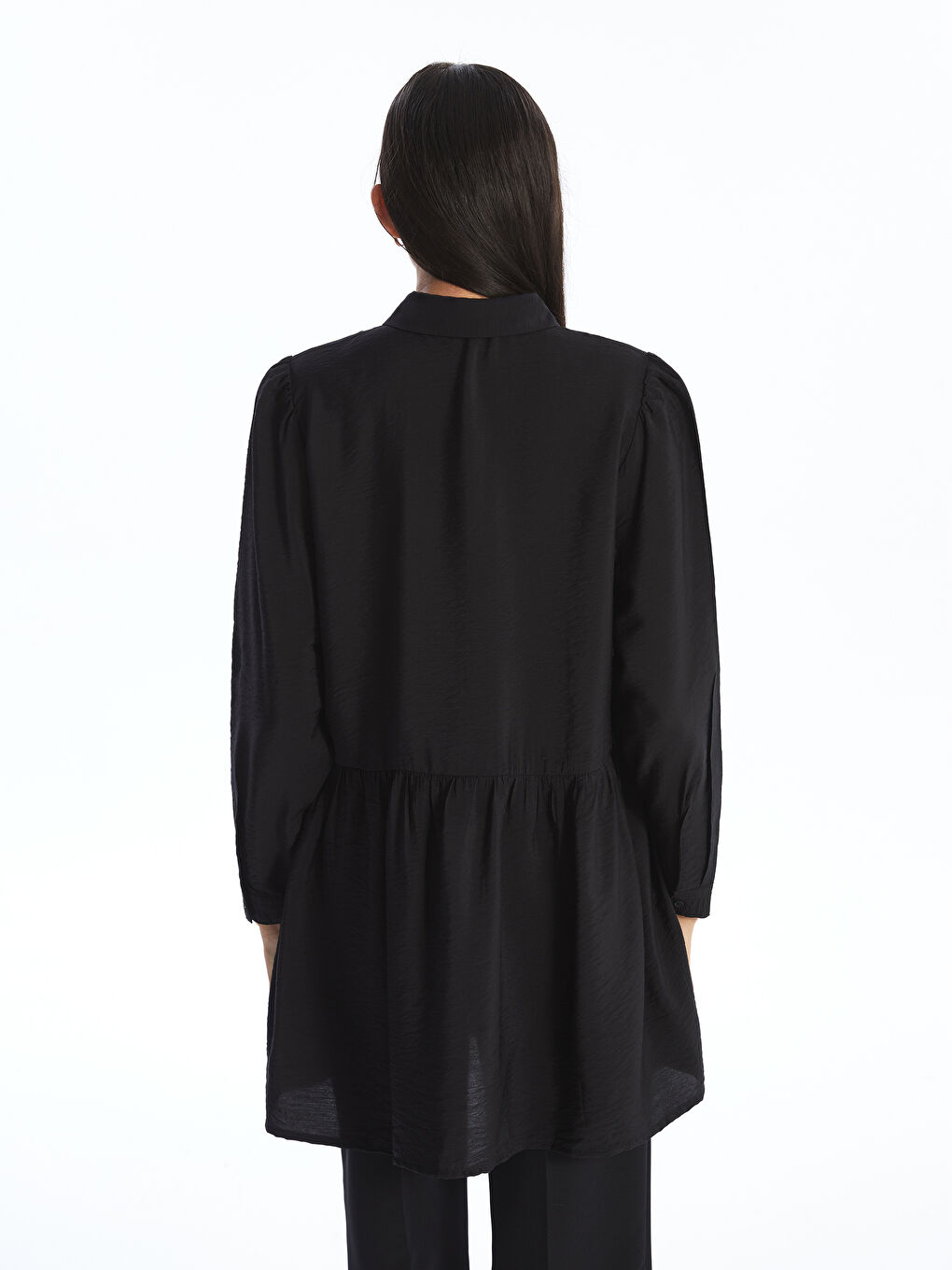 Siyah Kadın Gömlek Yaka Düz Tunik-4