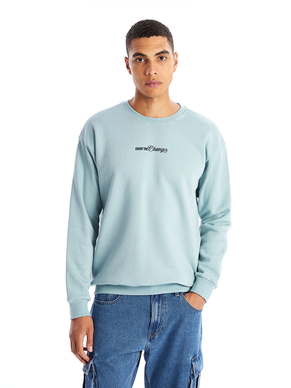 سويت شيرت كم طويل مطبوع بياقة دائرية للرجال