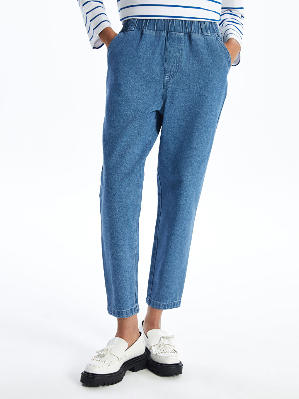 جینزی ژنان بە کەمەر لاستیکی و فیتی شل و شلۆق-3