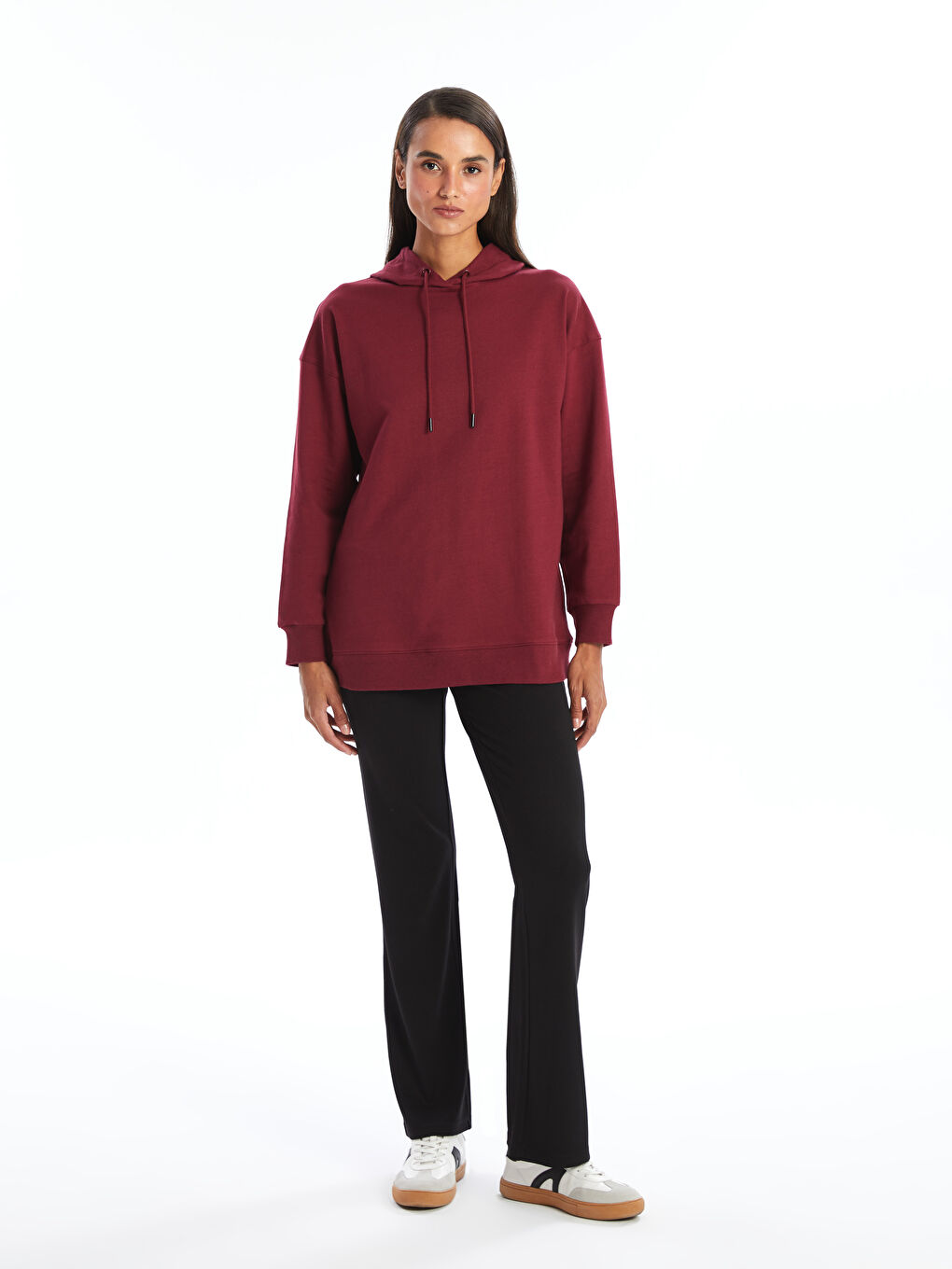 Bordo Kapüşonlu Kadın Sweatshirt Tunik-1