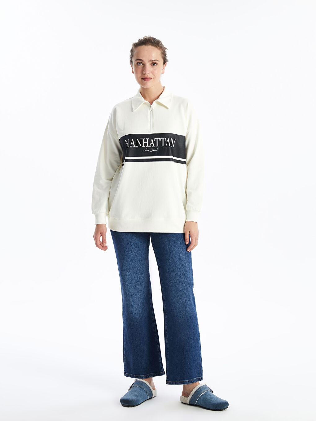 تونيك سويت شيرت نسائي فضفاض مطبوع مانهاتن بياقة بولو-1