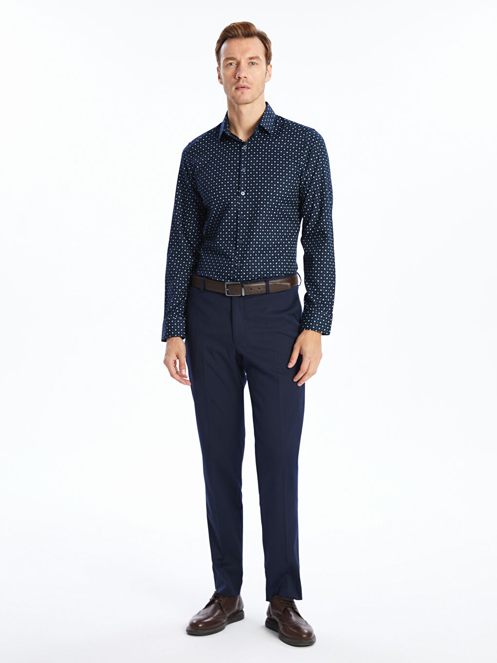 ерлерге арналған өрнекті ұзын жеңді тар пішімді саржа жейде-1