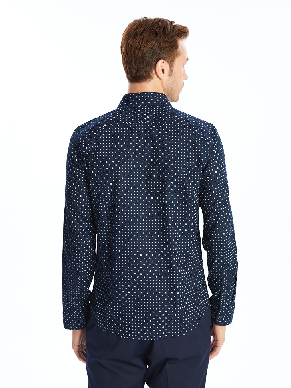 ерлерге арналған өрнекті ұзын жеңді тар пішімді саржа жейде-3