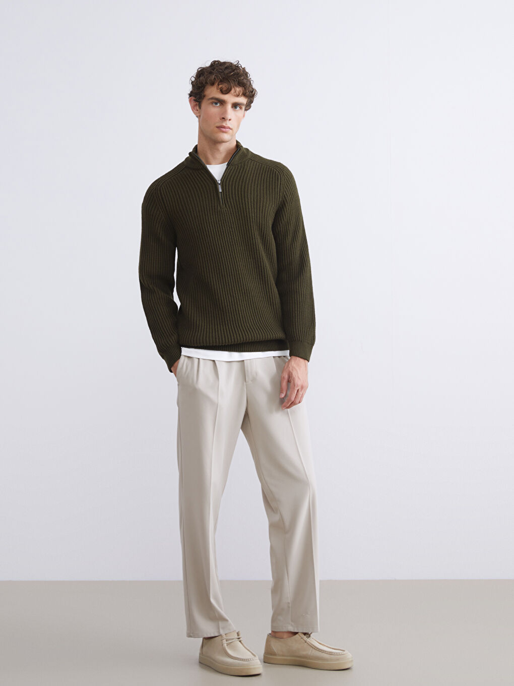 Haki Dik Yaka Uzun Kollu Erkek Triko Kazak-1