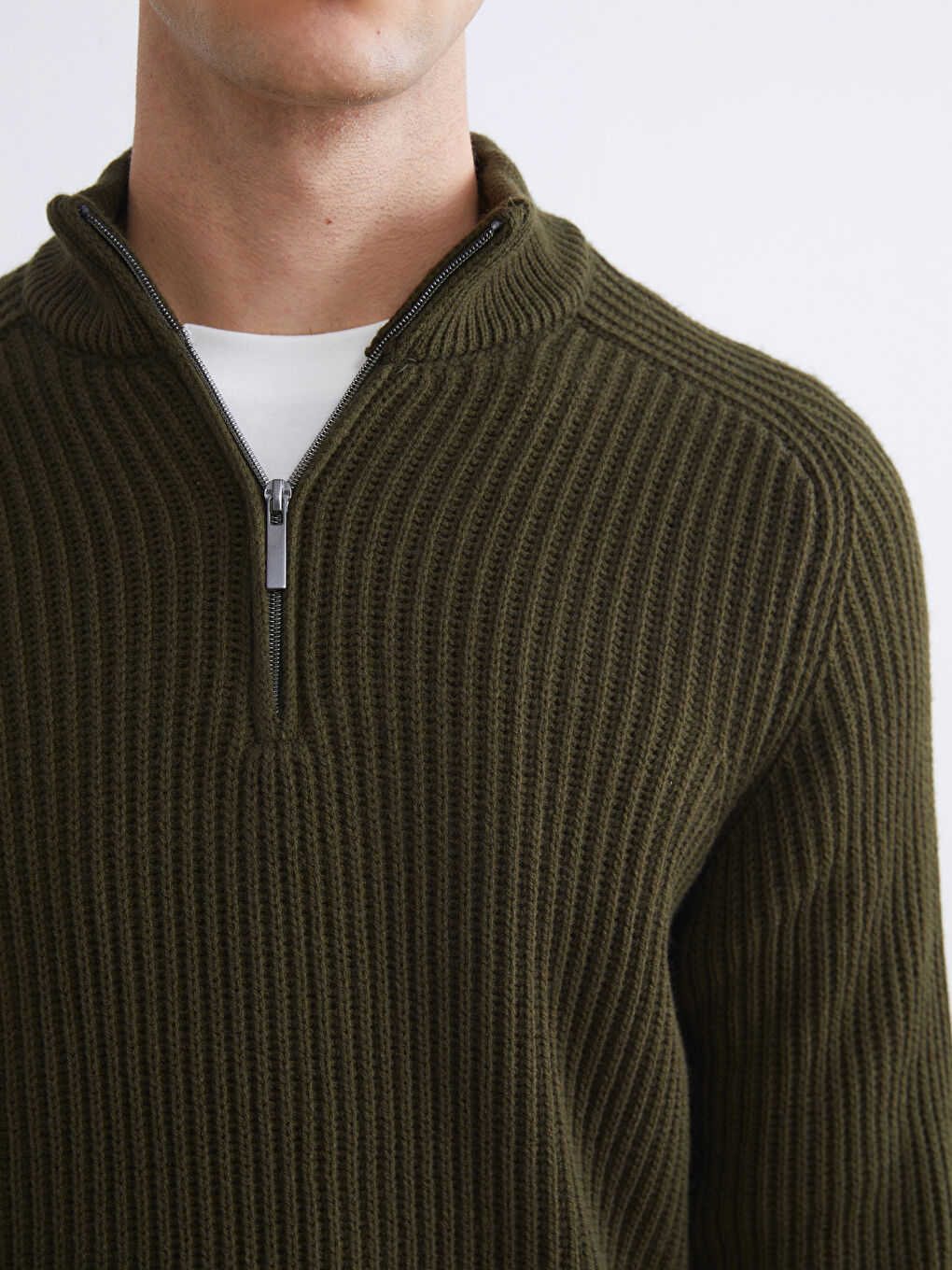 Haki Dik Yaka Uzun Kollu Erkek Triko Kazak-2