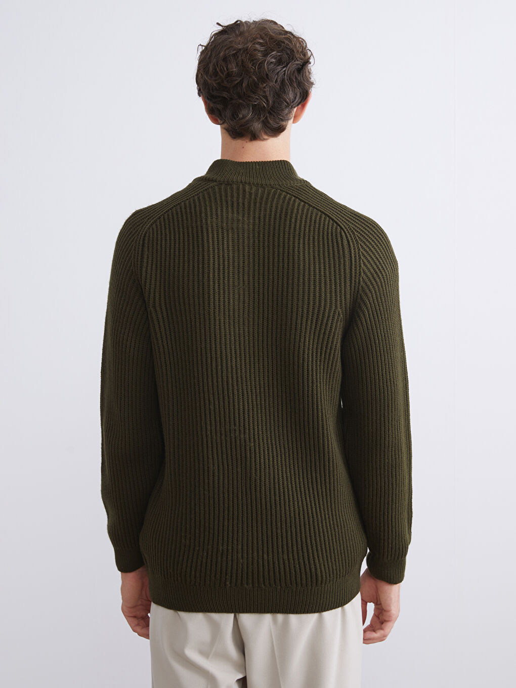 Haki Dik Yaka Uzun Kollu Erkek Triko Kazak-3