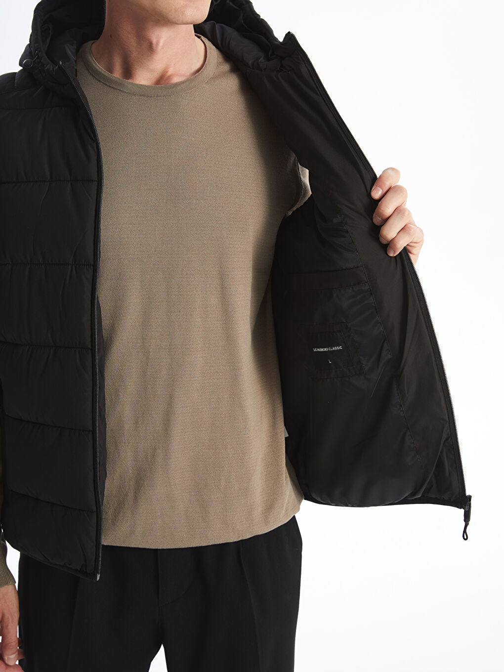 ерлерге арналған стандартты пішім капюшонды пуховик жилет-3