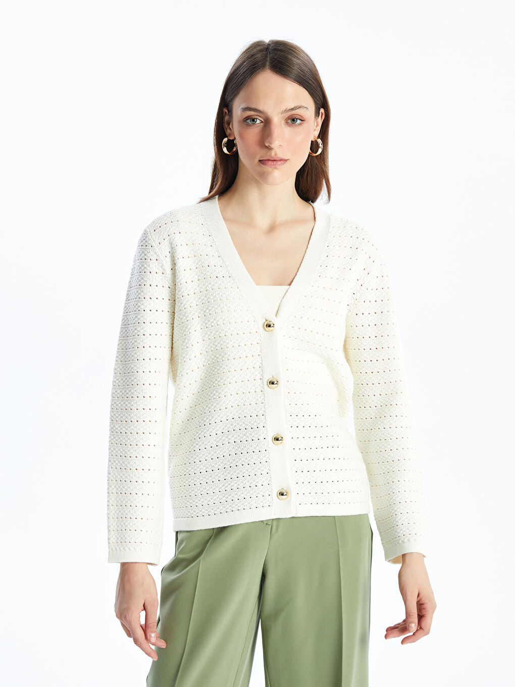 V-Neck Self Patterned Long Sleeve Women's Knitwear Cardigan