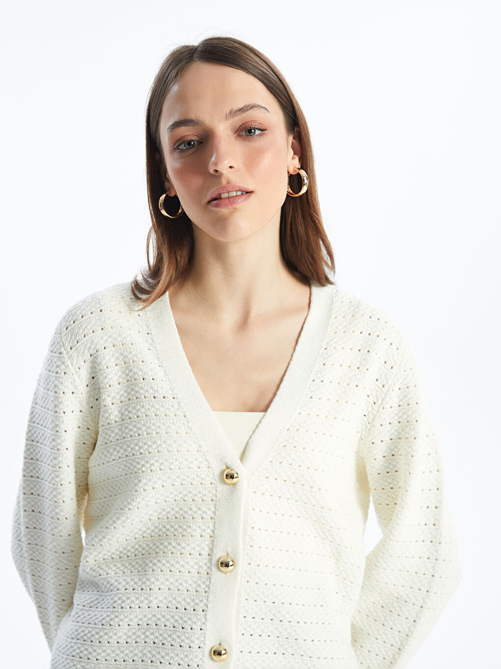 V-Neck Self Patterned Long Sleeve Women's Knitwear Cardigan-2