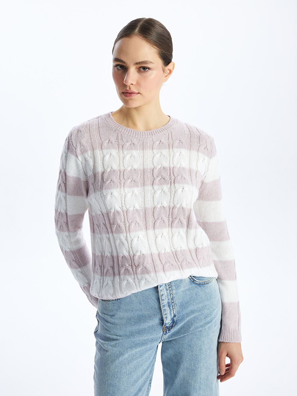 әйелдерге арналған жолақты дөңгелек жағалы ұзын жең трикотаж жемпір