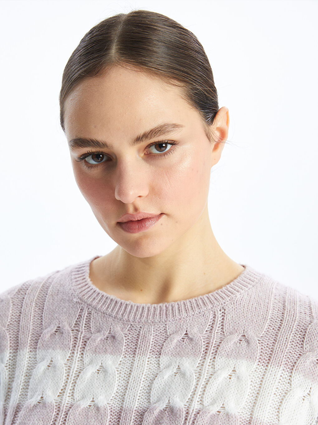 әйелдерге арналған жолақты дөңгелек жағалы ұзын жең трикотаж жемпір-1