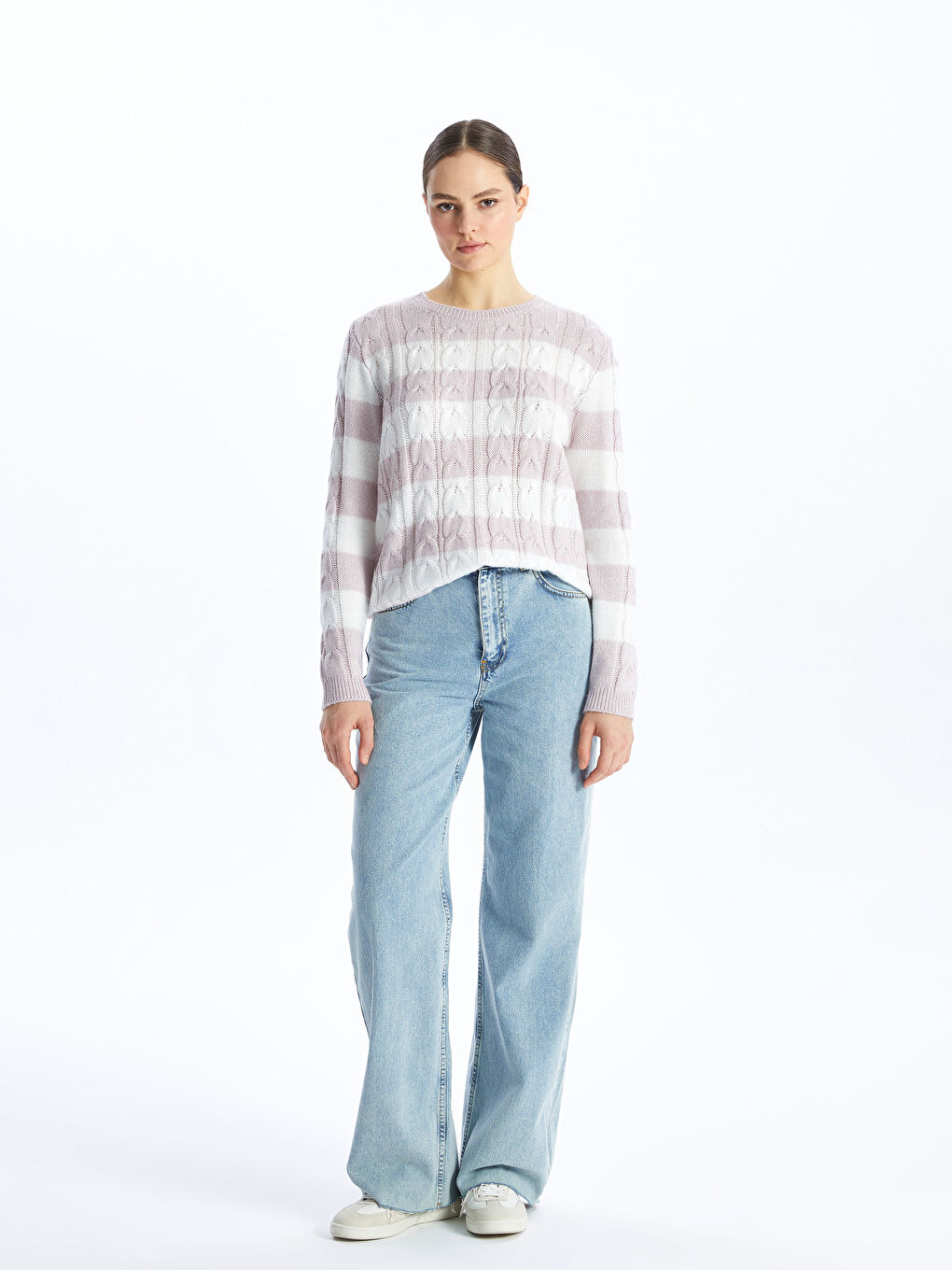 әйелдерге арналған жолақты дөңгелек жағалы ұзын жең трикотаж жемпір-2