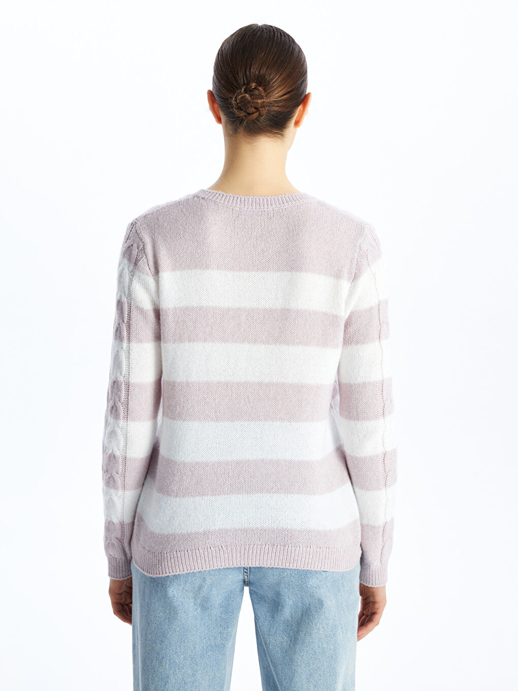 әйелдерге арналған жолақты дөңгелек жағалы ұзын жең трикотаж жемпір-4