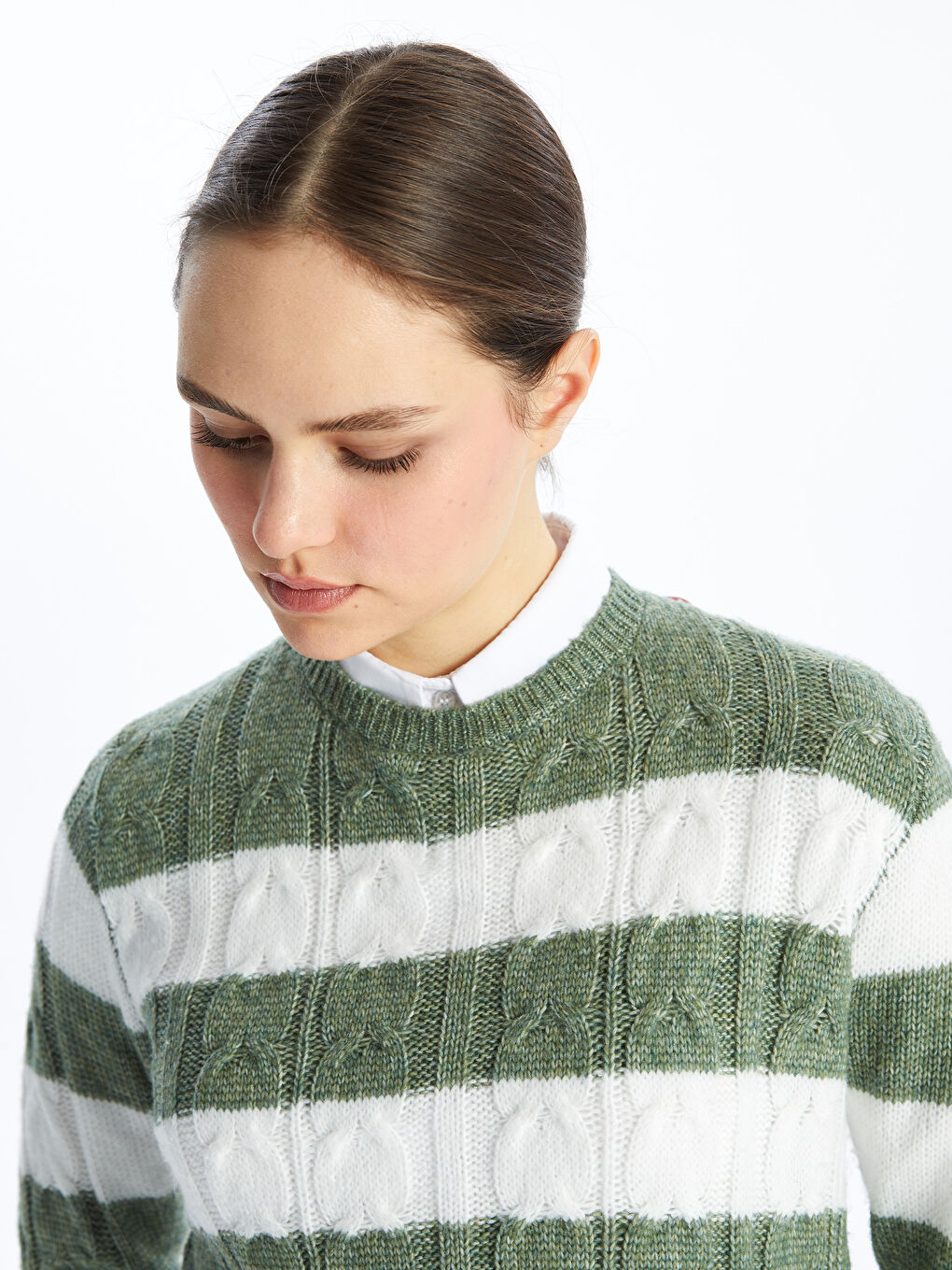 әйелдерге арналған жолақты дөңгелек жағалы ұзын жең трикотаж жемпір-1