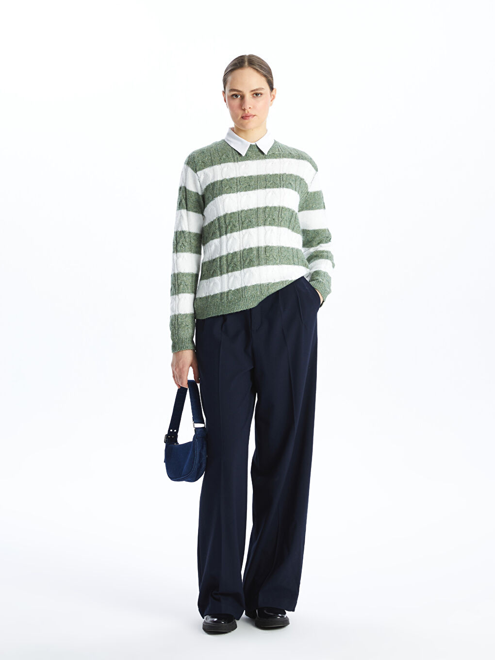 әйелдерге арналған жолақты дөңгелек жағалы ұзын жең трикотаж жемпір-2