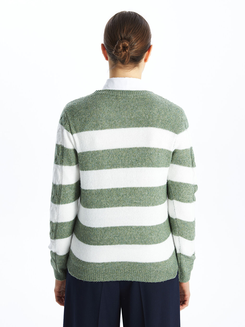 әйелдерге арналған жолақты дөңгелек жағалы ұзын жең трикотаж жемпір-4