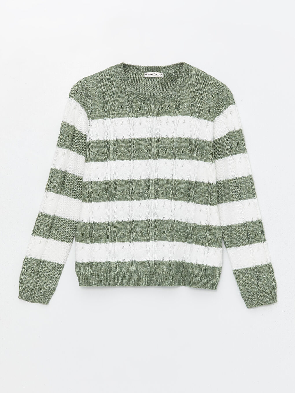 әйелдерге арналған жолақты дөңгелек жағалы ұзын жең трикотаж жемпір-5