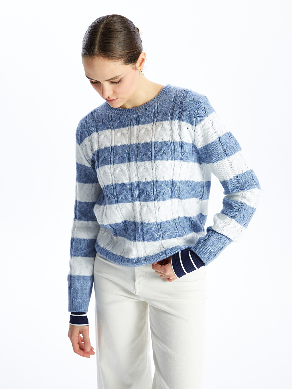Crew Neck Striped Long Sleeve Women's Knitwear Sweater