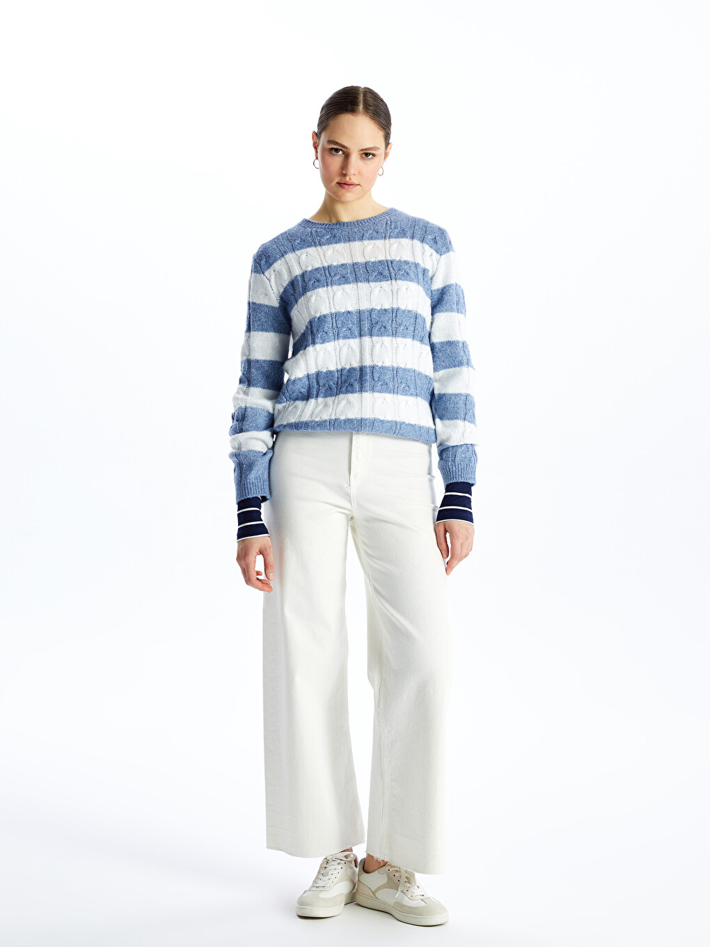 Crew Neck Striped Long Sleeve Women's Knitwear Sweater-2