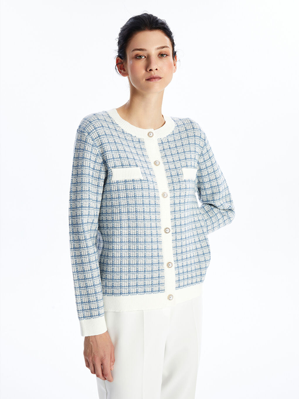 LC Waikiki Crew Neck Plaid Women's Knitwear Cardigan -W46292Z8-MHY