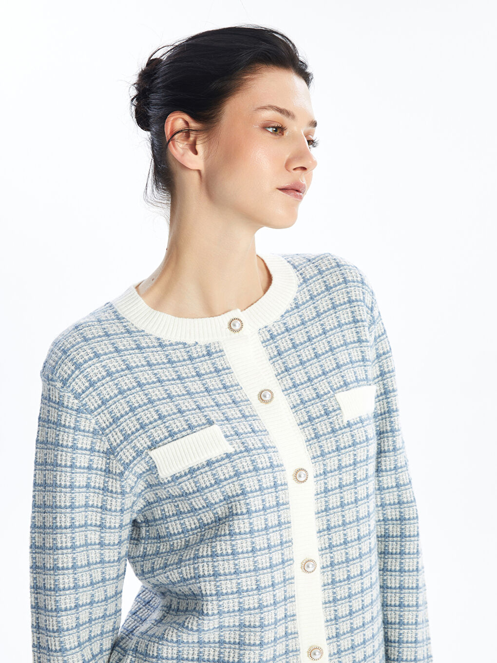 LC Waikiki Crew Neck Plaid Women's Knitwear Cardigan -W46292Z8-MHY
