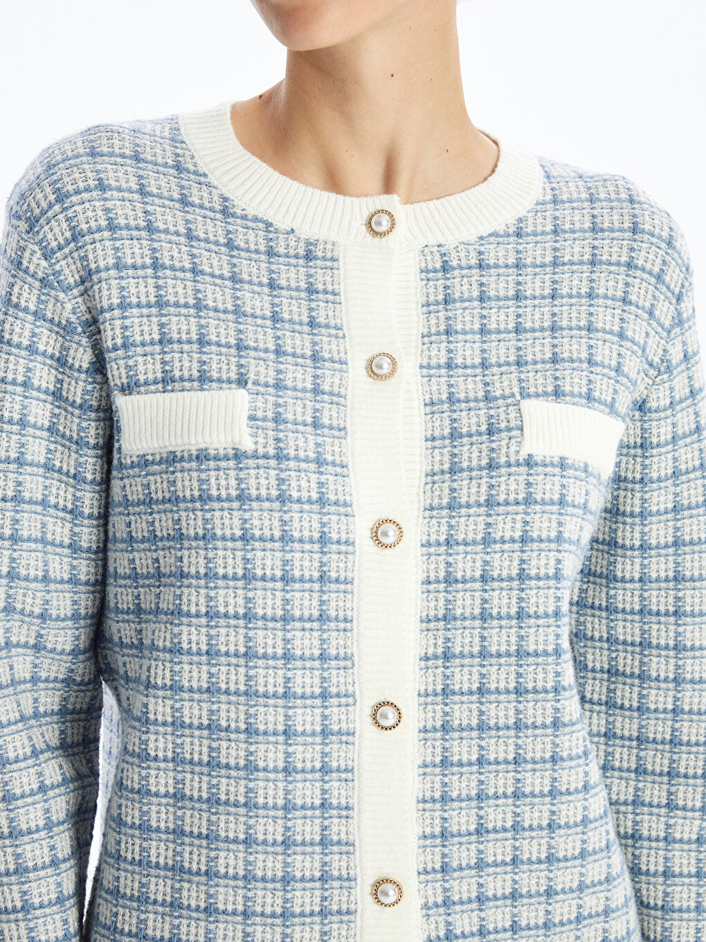LC Waikiki Crew Neck Plaid Women's Knitwear Cardigan -W46292Z8-MHY