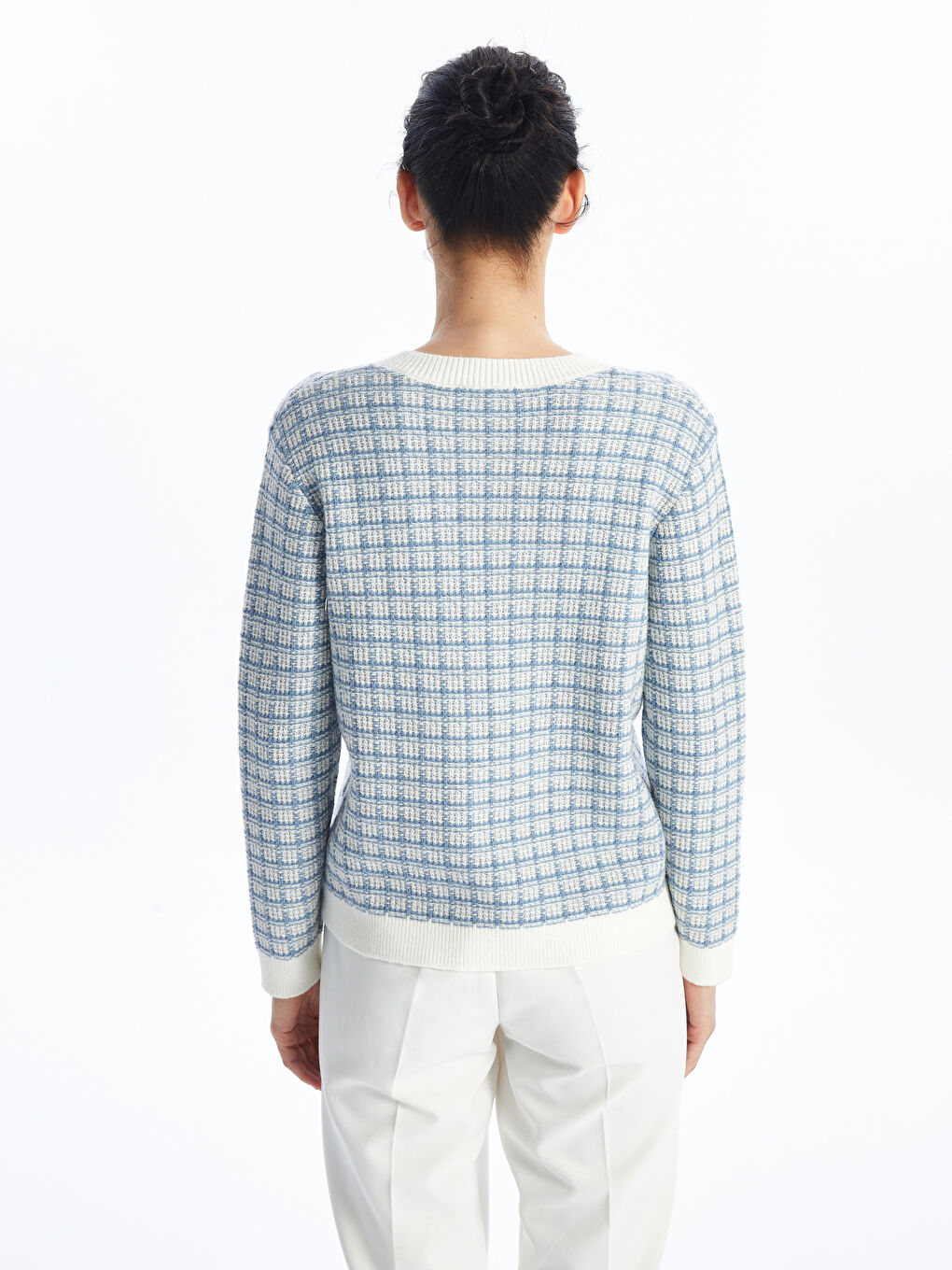 LC Waikiki Crew Neck Plaid Women's Knitwear Cardigan -W46292Z8-MHY