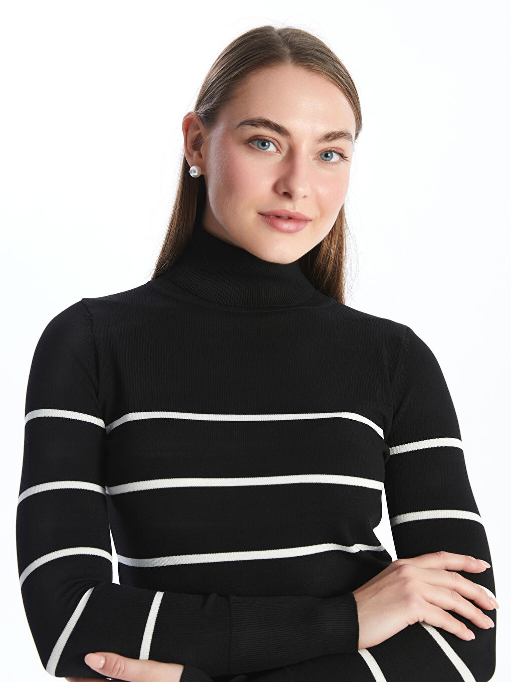 Pull-over en Tricot Rayé pour Femmes à Col roulé-1