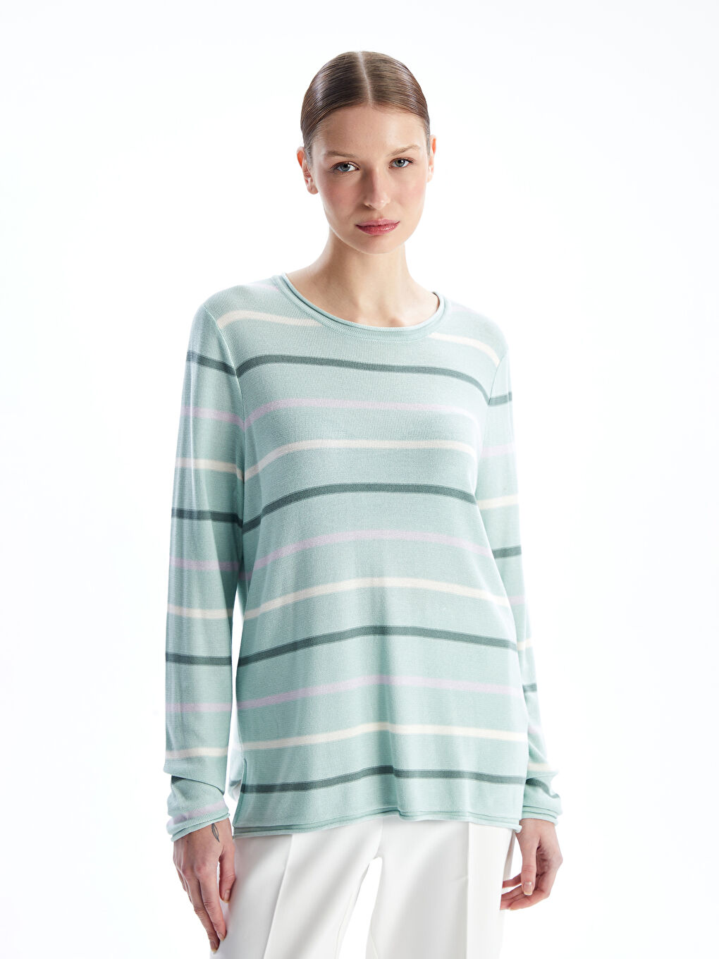 Crew Neck Striped Long Sleeve Women's Knitwear Sweater -W46361Z8-LFT