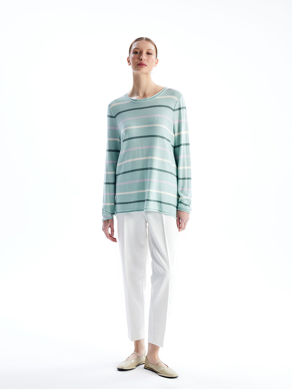 Crew Neck Striped Long Sleeve Women's Knitwear Sweater -W46361Z8-LFT