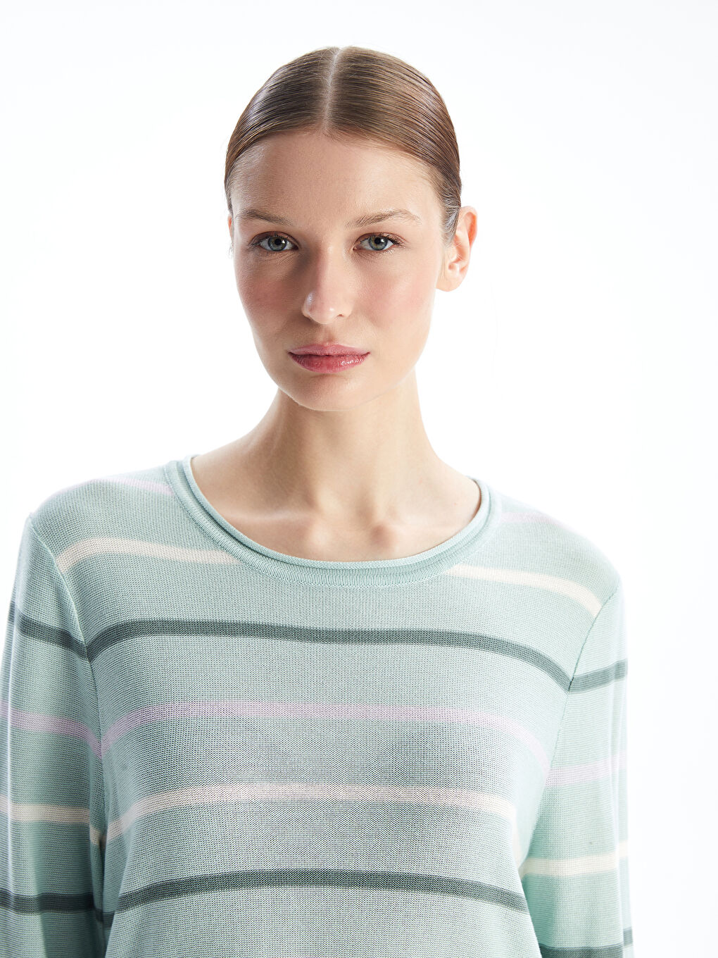 Crew Neck Striped Long Sleeve Women's Knitwear Sweater -W46361Z8-LFT