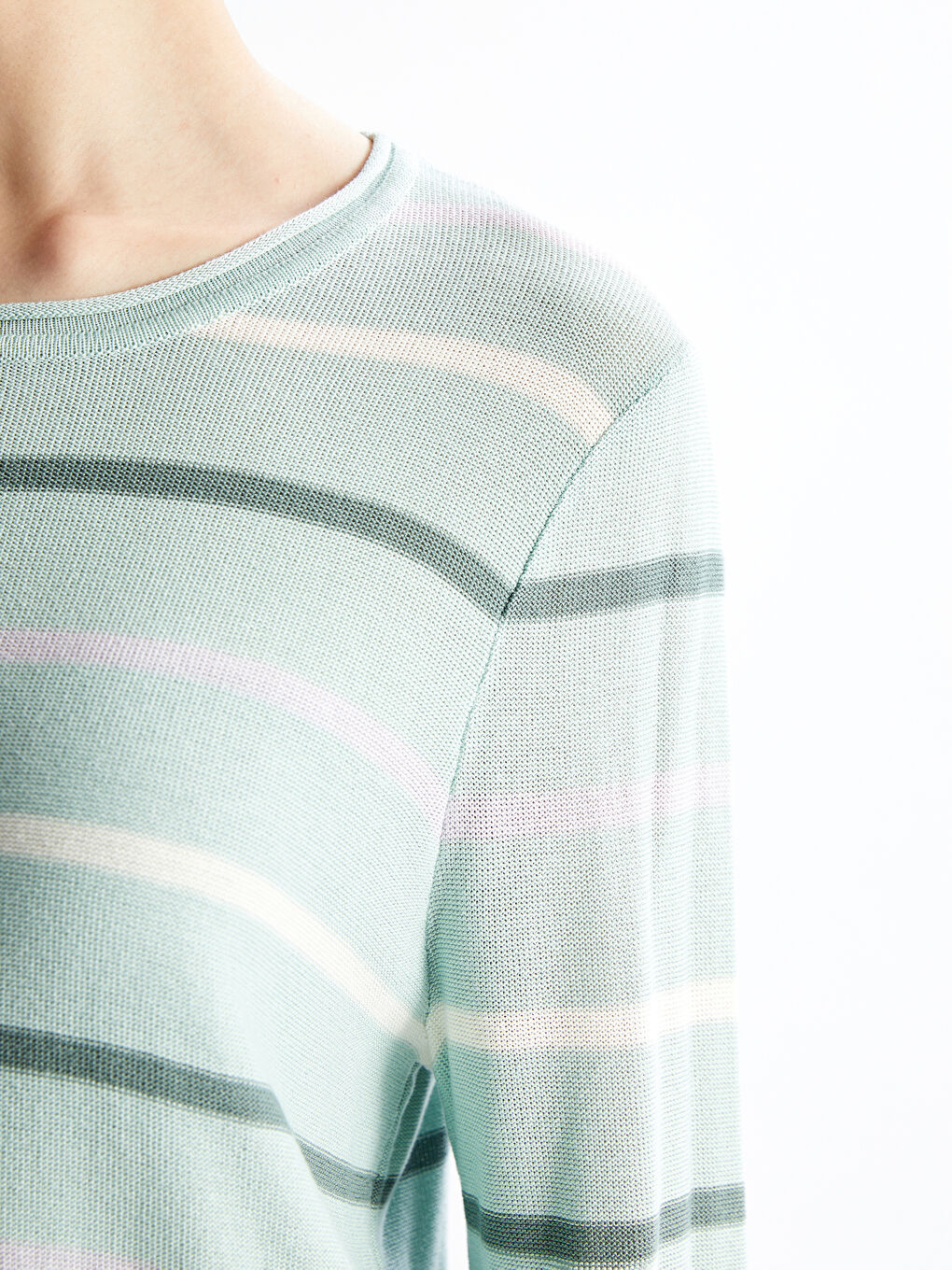 Crew Neck Striped Long Sleeve Women's Knitwear Sweater -W46361Z8-LFT