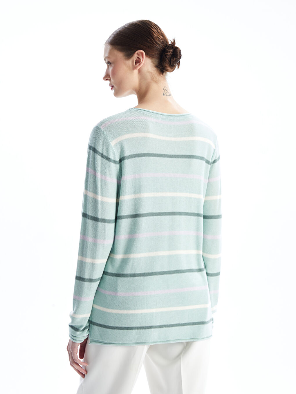 Crew Neck Striped Long Sleeve Women's Knitwear Sweater -W46361Z8-LFT