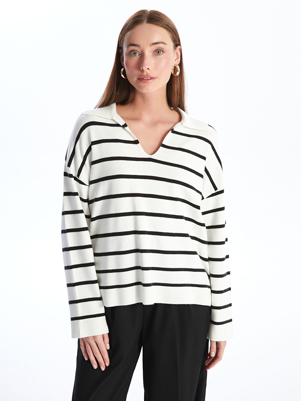 LCWAIKIKI Basic Polo-Kragen Gestreifter Oversize Strickpullover für Damen -W46392Z8-LFC