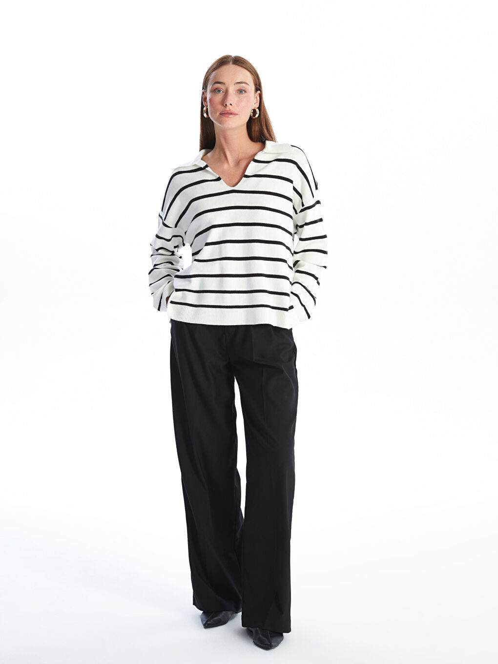 LCWAIKIKI Basic Polo-Kragen Gestreifter Oversize Strickpullover für Damen -W46392Z8-LFC