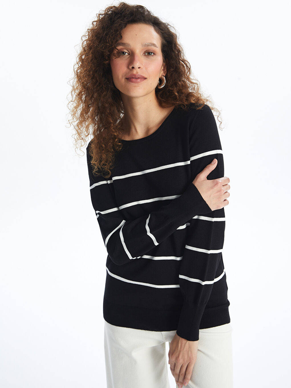 Pull-over à Col Rond Rayé à Manches Longues pour Femmes en Tricot