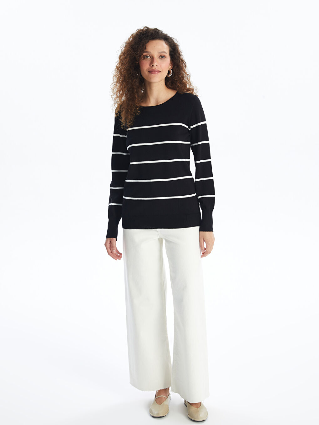 Pull-over à Col Rond Rayé à Manches Longues pour Femmes en Tricot-2