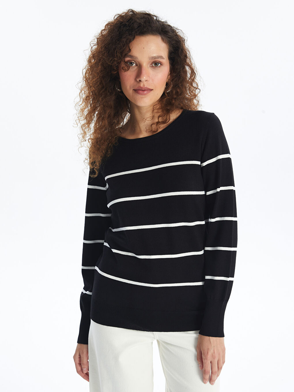 Pull-over à Col Rond Rayé à Manches Longues pour Femmes en Tricot-3