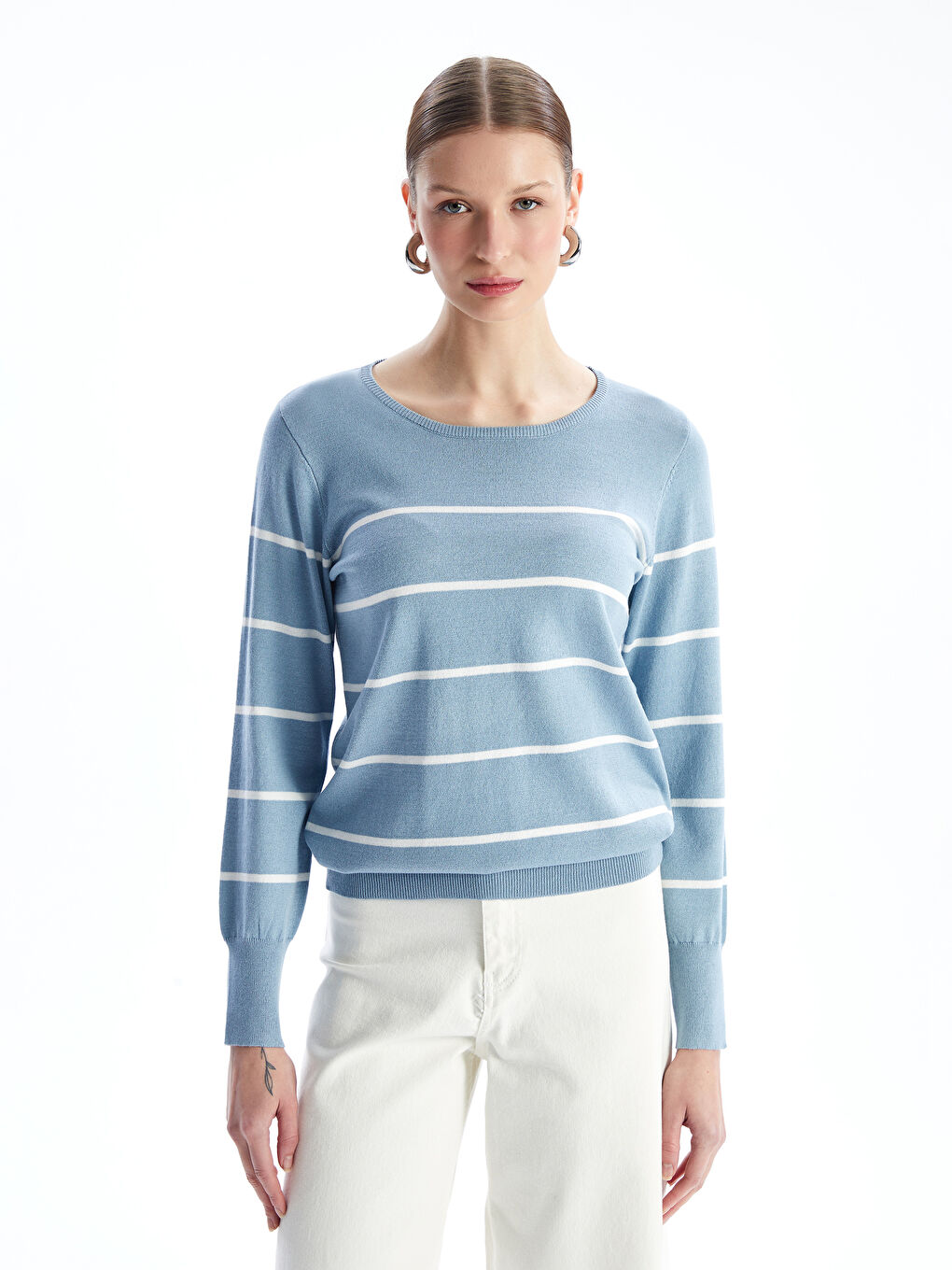 Crew Neck Striped Long Sleeve Women's Knitwear Sweater