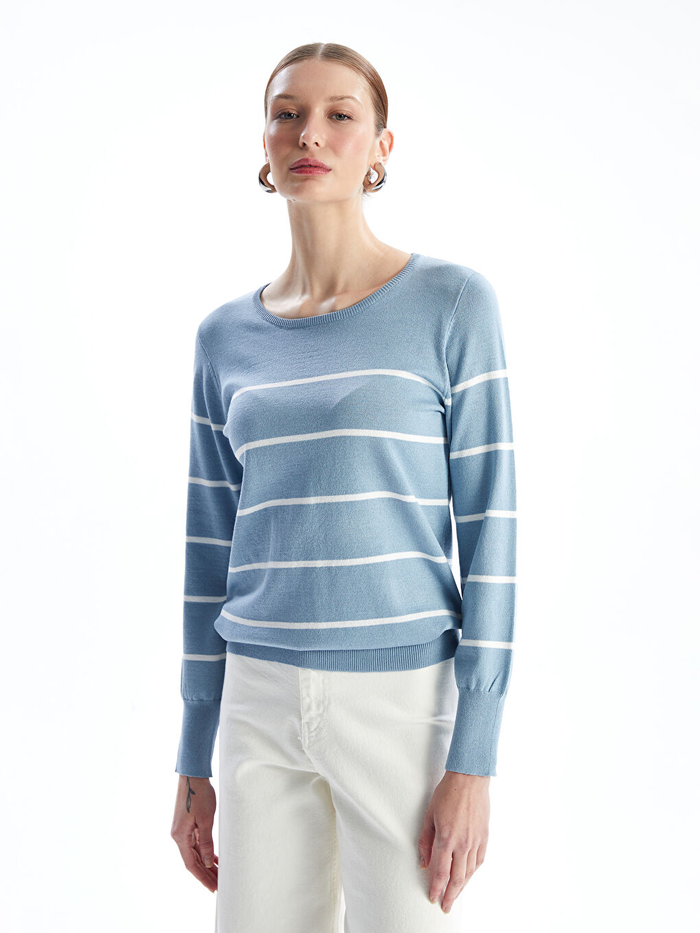 Crew Neck Striped Long Sleeve Women's Knitwear Sweater-1