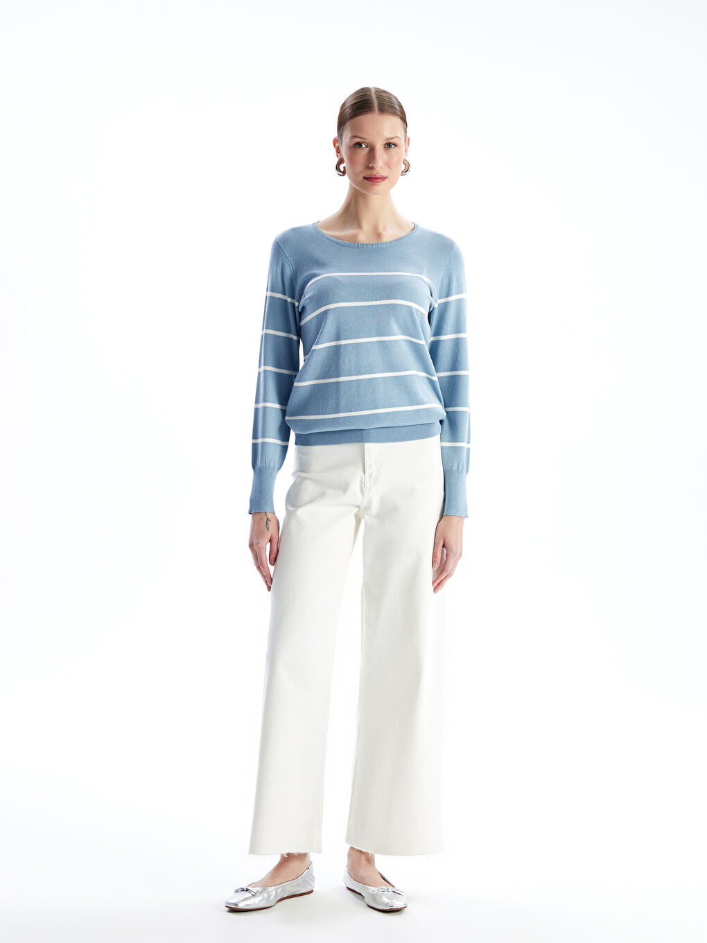 Crew Neck Striped Long Sleeve Women's Knitwear Sweater-2